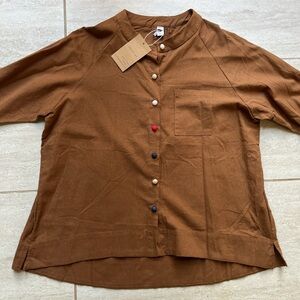 NWT Brown Linen Shirt with Colorful Buttons